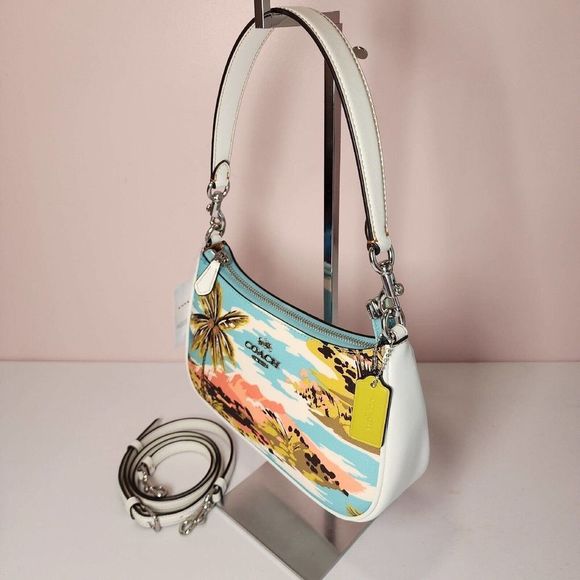 NWT Coach CJ598 Teri Shoulder Bag Hawaiian Print Canvas/Leather Blue Mul… - Picture 2 of 7